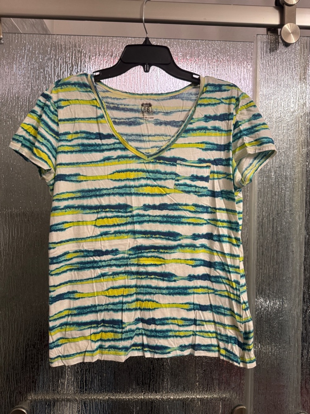 Route 66 White V-Neck Tee with Teal & Lime Stripe